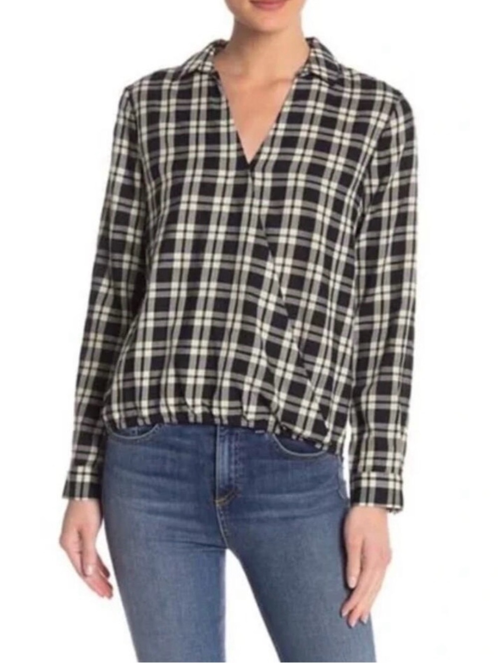 Plaid faux wrap Long-Sleeve Top - Black & White